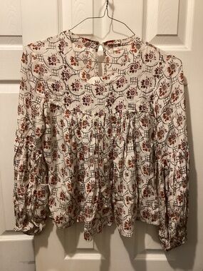 Floreat Cream Floral Smocked Peasant Blouse with Rust and Mauve Details